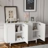 Stylish and Functional 4-Door Intaglio Storage Cabinet with Pine Legs, Solid Wood Pulls and MDF, for Living Room Bedroom,and Kitchen,White