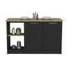 Kitchen Island with Large Countertop, Open Storage Shelves and Double Door Cabinet, Black / Macadamia