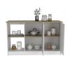 Kitchen Island with Large Countertop, Open Storage Shelves and Double Door Cabinet, White / Light Oak