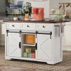 53.7" Farmhouse Kitchen Island with Power Outlet, 2 Sliding Barn Door Kitchen Storage Island with Drop Leaf, Spice Rack Rolling Kitchen Cart on Wheels