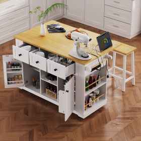53 inch Large Kitchen Island with Drop Leaf,Power Outlet,Door Internal Storage Rack (Material: MDF, Color: White)